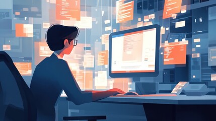 Person working at computer surrounded by data in futuristic tech environment.