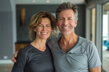 Portrait of a smiling caucasian couple in their 40s wearing a moisture-wicking running shirt over modern minimalist interior