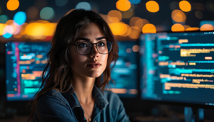 portrait of a developer working in an office. portrait of a young developer with monitors in the bac