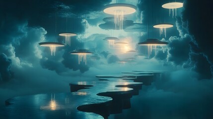 Wall Mural - A dreamlike sci-fi world with floating geometric shapes and illuminated, layered pathways stretching across a darkened sky. No text, no logo, wide angle shot, 4k resolution, cinematic scene