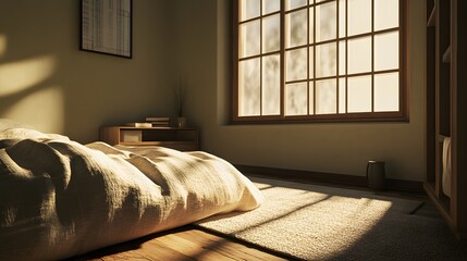 Poster - A serene bedroom with neutral bedding, a simple bedside table, and natural light creating a peaceful, minimalist atmosphere. No text, no logo, wide angle shot, Cinematic Scene, 4k resolution,