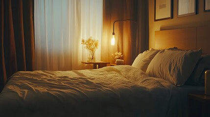 Wall Mural - A serene bedroom with neutral bedding, a simple bedside table, and natural light creating a peaceful, minimalist atmosphere. No text, no logo, wide angle shot, Cinematic Scene, 4k resolution,