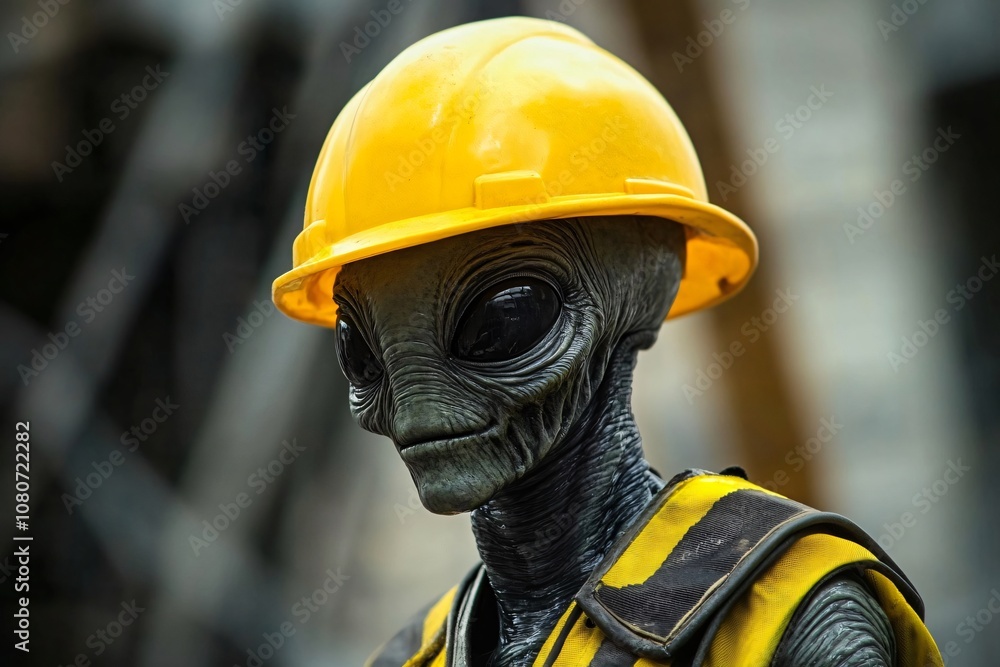 Alien construction worker wearing a yellow hardhat and safety vest ...