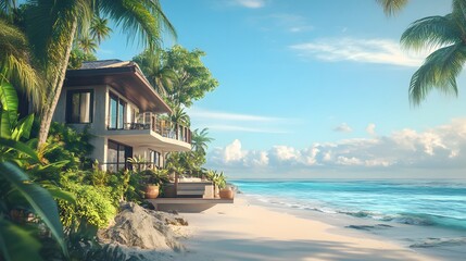 Wall Mural - A beachfront mansion with a large terrace overlooking the ocean, set among tropical foliage and pristine sandy beaches. No text, no logo, wide angle shot, Cinematic Scene, 4k resolution, cinematic