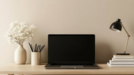 Poster - A minimalist workspace featuring a laptop with a black screen, a desk lamp, a vase with white flowers, books, and stationery on a wooden desk against a light beige wall.