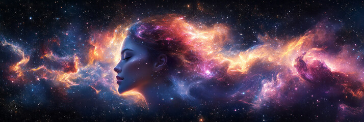 portrait of a woman with a cosmic nebula merging into her face. swirling galaxies, stars, and mystic