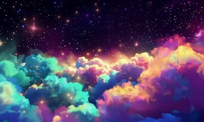 Wall Mural - A colorful night sky with bright stars and fluffy clouds.