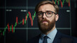 © Nattapol - confident man with beard wearing glasses and suit, standing in front of financial chart, exuding professionalism and determination