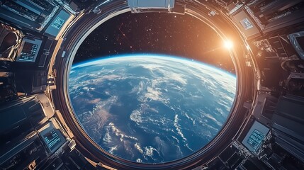 Wall Mural - A futuristic view of the Earth from a futuristic space station, ideal for presenting sci-fi themes, space exploration, and futuristic presentations
