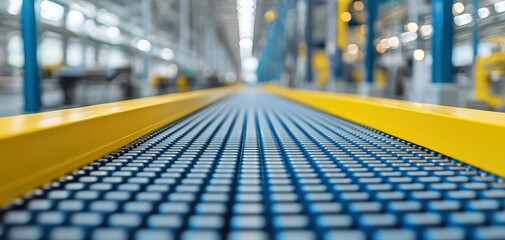 Poster - Quality management  continuous improvement concept. A close-up view of a factory conveyor belt, showcasing its textured surface and leading to a blurred industrial background.