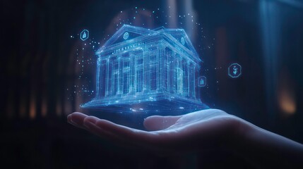 Leinwandbilder - A futuristic digital hologram of a bank building floating above a person's hand, symbolizing modern finance and technology innovation