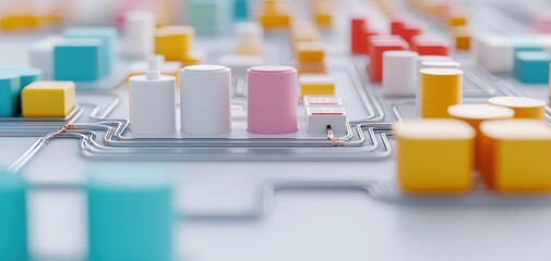 Poster - Quality management  continuous improvement concept. A colorful abstract representation of a digital circuit with cubes and blocks, symbolizing technology and innovation.