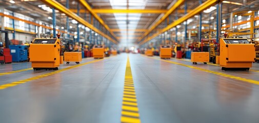 Poster - Quality management  continuous improvement concept. A spacious industrial warehouse featuring yellow machinery and a clean, organized layout, designed for efficient operations and logistics.