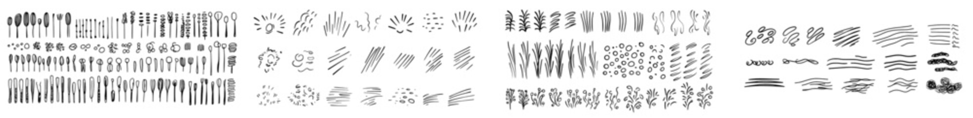 The set of brushstrokes, lines, squiggles and swirls represents a modern hand drawn illustration which you can use in decorations and designs.