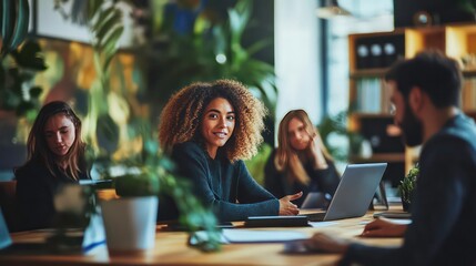 Aufkleber - A young woman with curly hair smiles confidently while sitting at a desk with her colleagues in a modern office.
