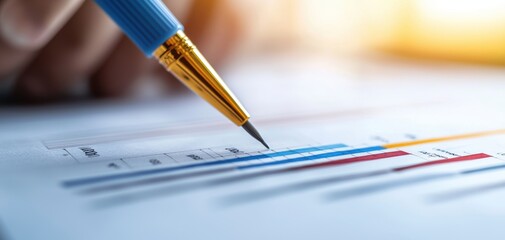 Leinwandbilder - Quality management  continuous improvement concept. A close-up of a hand holding a pen, analyzing a document with colorful graphs and charts, indicating data assessment or business analytics.