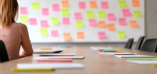 Fototapete - Quality management  continuous improvement concept. A workspace scene featuring a person sitting at a table with colorful sticky notes on a wall, indicating brainstorming or collaborative planning.
