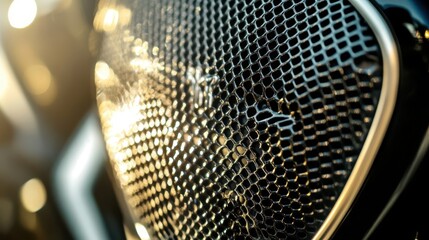 Fine mesh of bike's radiator grille focus on polished metal frame