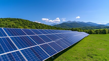 Canvas Print - The solar panels under a clear blue sky represent the use of renewable energy in environmental conservation