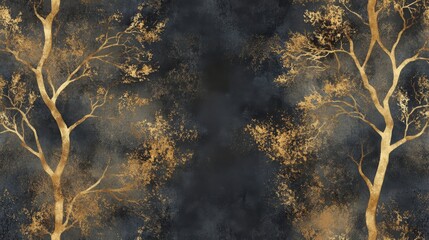 Wall Mural - shades of gold trees twisting branches on dark reflective grunge