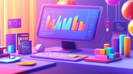 Fototapete - A colorful digital workspace illustrating data analytics with charts, graphs, and elements of user interface design featuring engaging visuals and organized layout