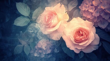 Wall Mural - Roses and hydrangeas on navy blue textured romantic background