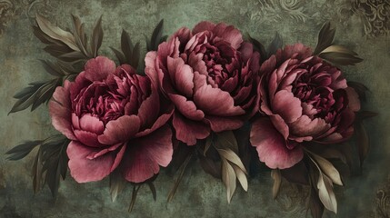Wall Mural - Victorian peonies and foliage olive backdrop for vintage wallpaper