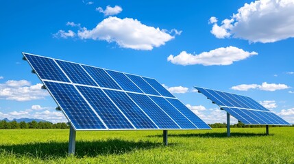 Canvas Print - Surrounded by a clear blue sky and vibrant greenery, a solar panel array converts sunlight into renewable energy.