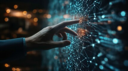 Leinwandbilder - A hand reaches out to touch a digital network of lines and points, representing data connections and the digital world.