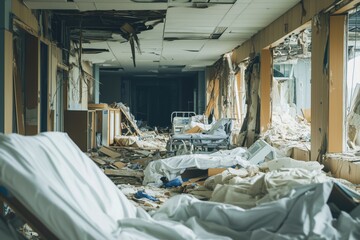 Wall Mural - Abandoned hospital corridor filled with debris and destruction, remnants of medical equipment, scattered sheets, and damaged walls