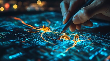 A person drawing on a digital map with a marker pen