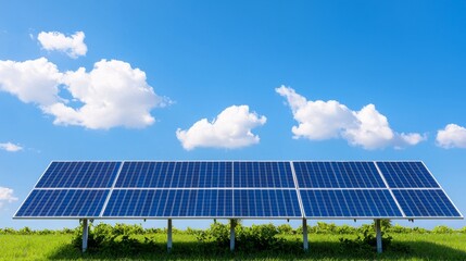 Wall Mural - A clear blue sky with puffy clouds reveals solar panels glistening in the sun.