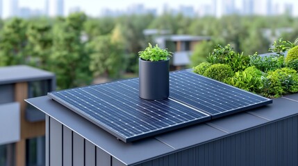 Canvas Print - An array of solar panels on a rooftop under a clear blue sky, providing renewable energy.