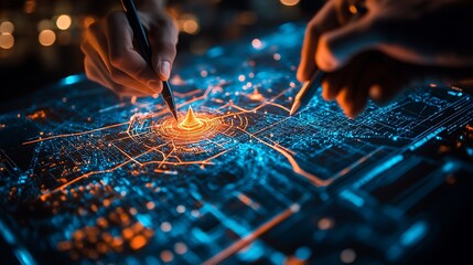 A person drawing on a digital map with a marker pen