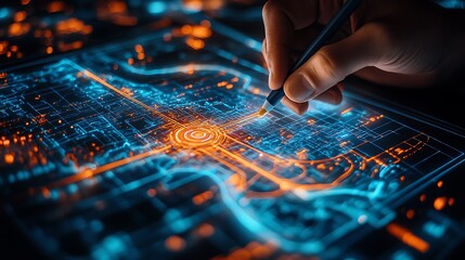 A person drawing on a digital map with a marker pen