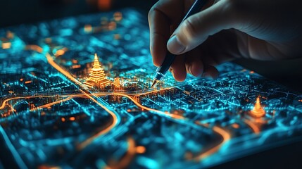 A person drawing on a digital map with a marker pen