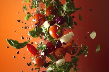 Canvas Print - Cherry Tomatoes, Basil Leaves, and Spices Falling Against Orange Background