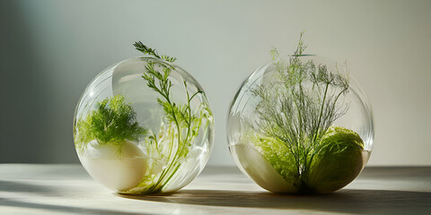 Poster - Encapsulated Nature: Two glass orbs, each containing delicate greenery and a single egg, sit side-by-side, bathed in soft sunlight.