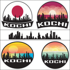 Kochi Japan Flag Skyline Cityscape Silhouette Travel Souvenir Sticker Isolated Vector