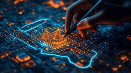 A person drawing on a digital map with a marker pen