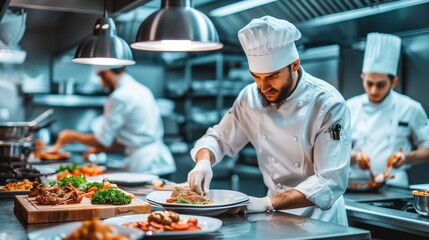 Chef cooks and presents a dish in the kitchen of a luxury restaurant