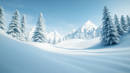 Poster - Snow-covered landscape with majestic mountains and frosted pine trees, AI