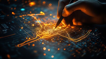 A person drawing on a digital map with a marker pen