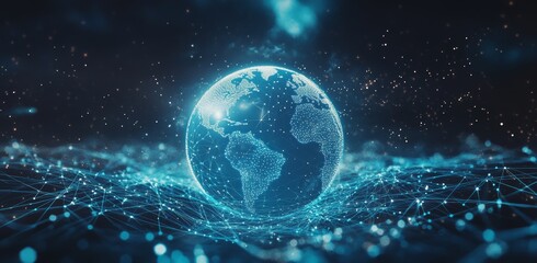 Digital tech globes surrounded by hexagonal networks and neon blue digital marketing strategy illustration.