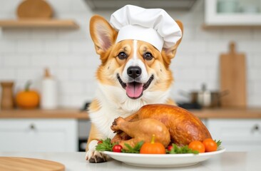 corgi dog in a white chef's hat holds a large turkey on a plate in a white kitchen, Thanksgiving Day