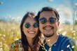 © Markus Schröder - Portrait of a grinning asian couple in their 30s wearing a trendy sunglasses over bright spring meadow