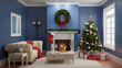 © Ekaterina - A beautifully decorated living room features a Christmas tree, wreath, and fireplace. AI generated.