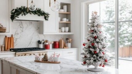 Modern kitchen with white marble counters, a miniature Christmas tree, and holiday decor in soft, natural lighting.