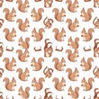 © NoelMatic - Cute hand-drawn watercolor brown squirrels form a decorative autumn seamless pattern background texture perfect for textile design or wrapping paper.