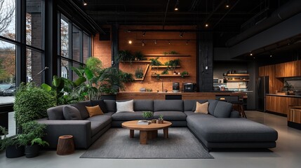 Wall Mural - Modern living room with large sectional sofa, indoor plants, wooden coffee table, and open kitchen featuring wooden cabinets and appliances in an industrial-style loft interior.